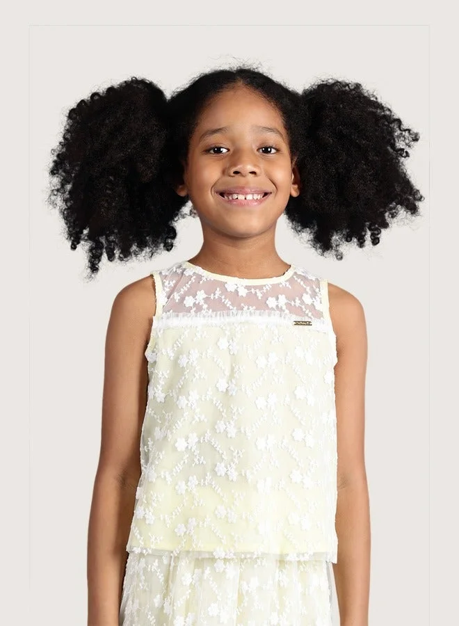 One Friday One Friday Girls Yellow Embroidered Net Top